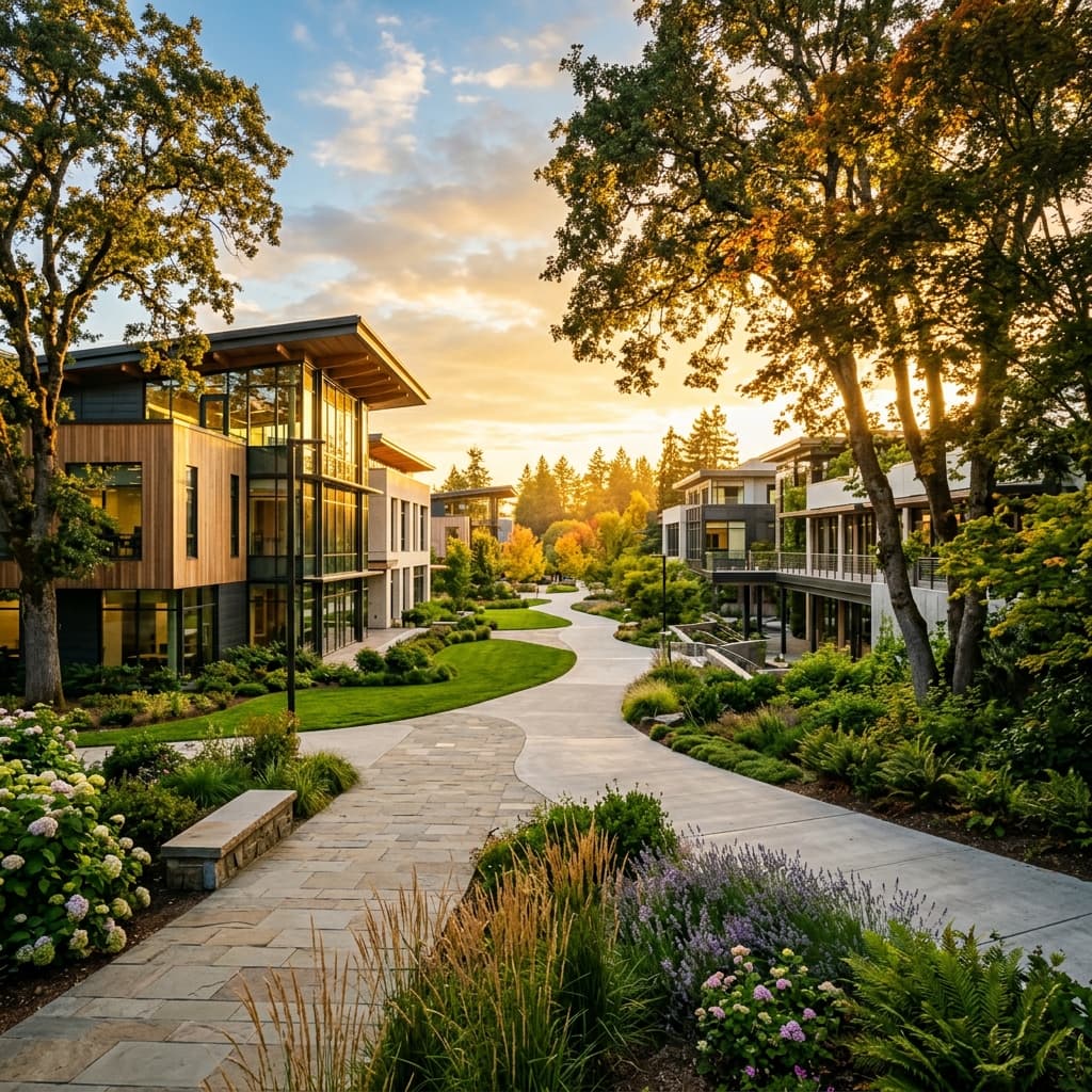 Modern school campus at golden hour